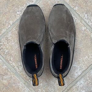 Merrell Women’s Slip-On Suede Loafers in Charcoal with Orange Pull Tabs
